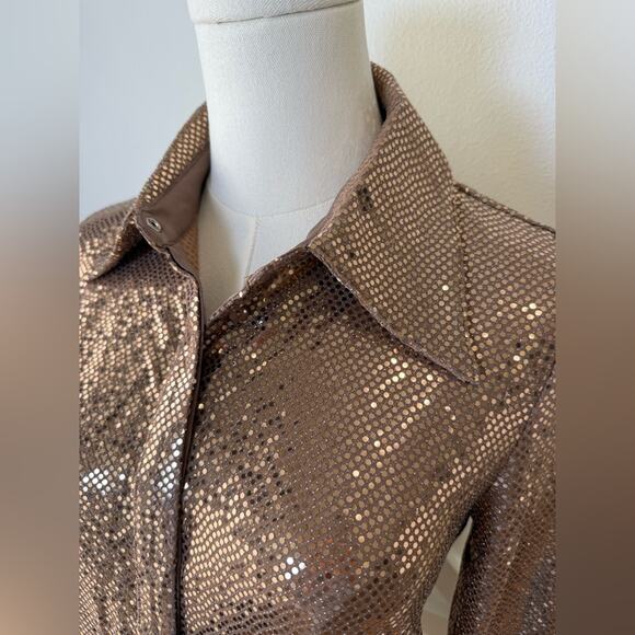 NWT C/Meo Collective After Dark Rose Gold Button Down Shirt Shiny Sparkly Sz XS - Picture 3 of 10
